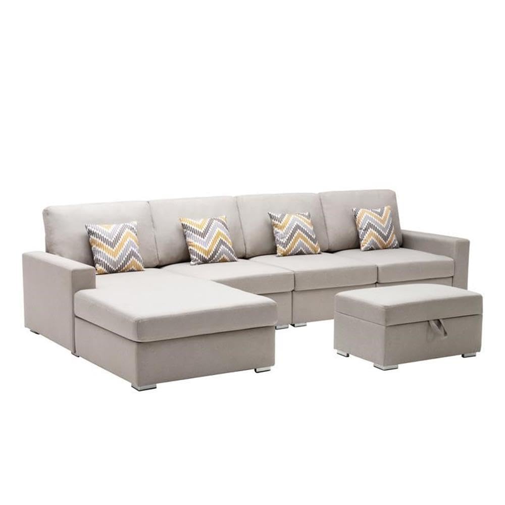 Lilola Home Nolan Beige Linen Fabric 5Pc Reversible Sofa Chaise with Interchangeable Legs, Storage Ottoman, and Pillows