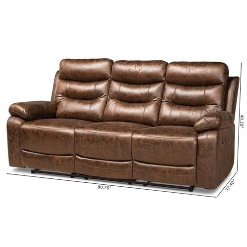 Baxton Studio Beasely Modern and Contemporary Distressed Brown Faux Leather Upholstered 3-Seater Reclining Sofa
