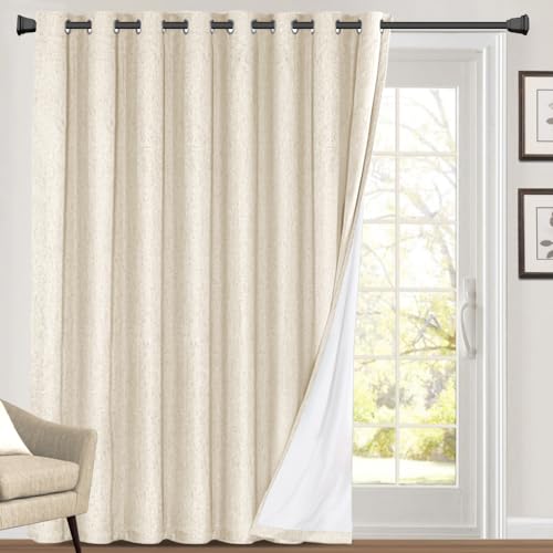 Princedeco 100% Blackout Linen Look Patio Door Curtain 84 Inches Long Extra Wide Thermal Insulated Grommet Curtain Drapes For Living Room/Sliding Glass Door,W100 X L84 Inch, Bleached Sand