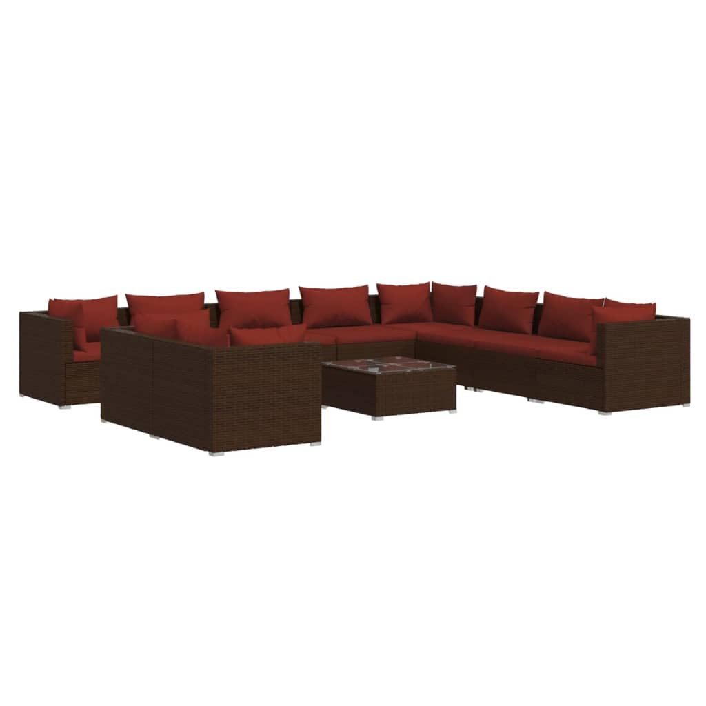 vidaXL Patio Lounge Set with Cushions - Stylish Poly Rattan Construction - Modular Design - Outdoor Use - Brown with Cinnamon Red Cushions