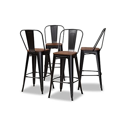 Baxton Studio Rosetta Modern Industrial Black Metal and Walnut Brown Finished Wood 4-Piece Bar Stool Set