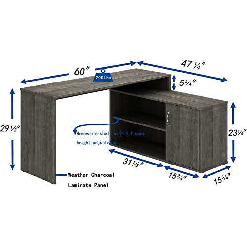 LYS L-Shape Workstation with Cabinet, Weatherd Charcoal