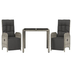 vidaXL Patio Dining Set 3 Piece, Wicker Dining Table and Chair with Cushions, Adjustable Reclining Chair for Lawn Backyard Garden, Gray Poly Rattan