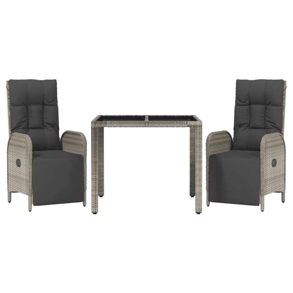vidaXL Patio Dining Set 3 Piece, Wicker Dining Table and Chair with Cushions, Adjustable Reclining Chair for Lawn Backyard Garden, Gray Poly Rattan