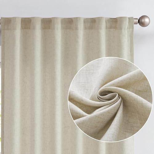 Jinchan Linen Blend Curtains 90 Inches Long For Living Room Oat Farmhouse Curtains With Lined Rod Pocket Back Tab Light Filtering Window Curtains With Lined For Bedroom Curtains 2 Panels, Oat