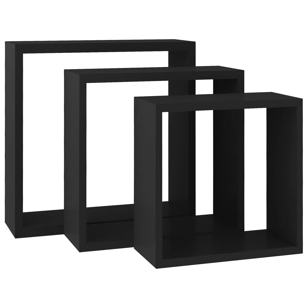 vidaXL Wall Mounted Cube Shelves 3 pcs in Black MDF - Modern Room Decor and Display with Invisible Mounting System and Various Sizes