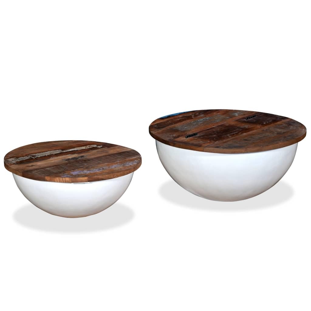 vidaXL Coffee Table Set of 2, Solid Reclaimed Wood with Bowl-Shaped Base, Industrial Design, Concealed Storage, White