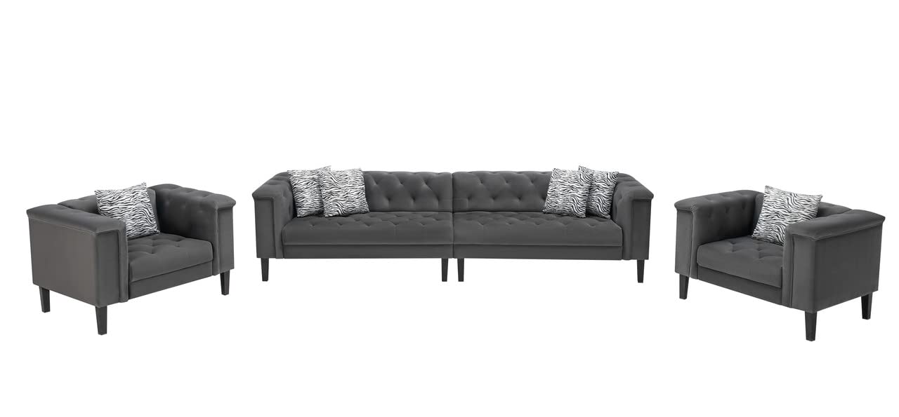 Lilola Home Mary Dark Gray Velvet Tufted Sofa 2 Chairs Living Room Set with 6 Accent Pillows