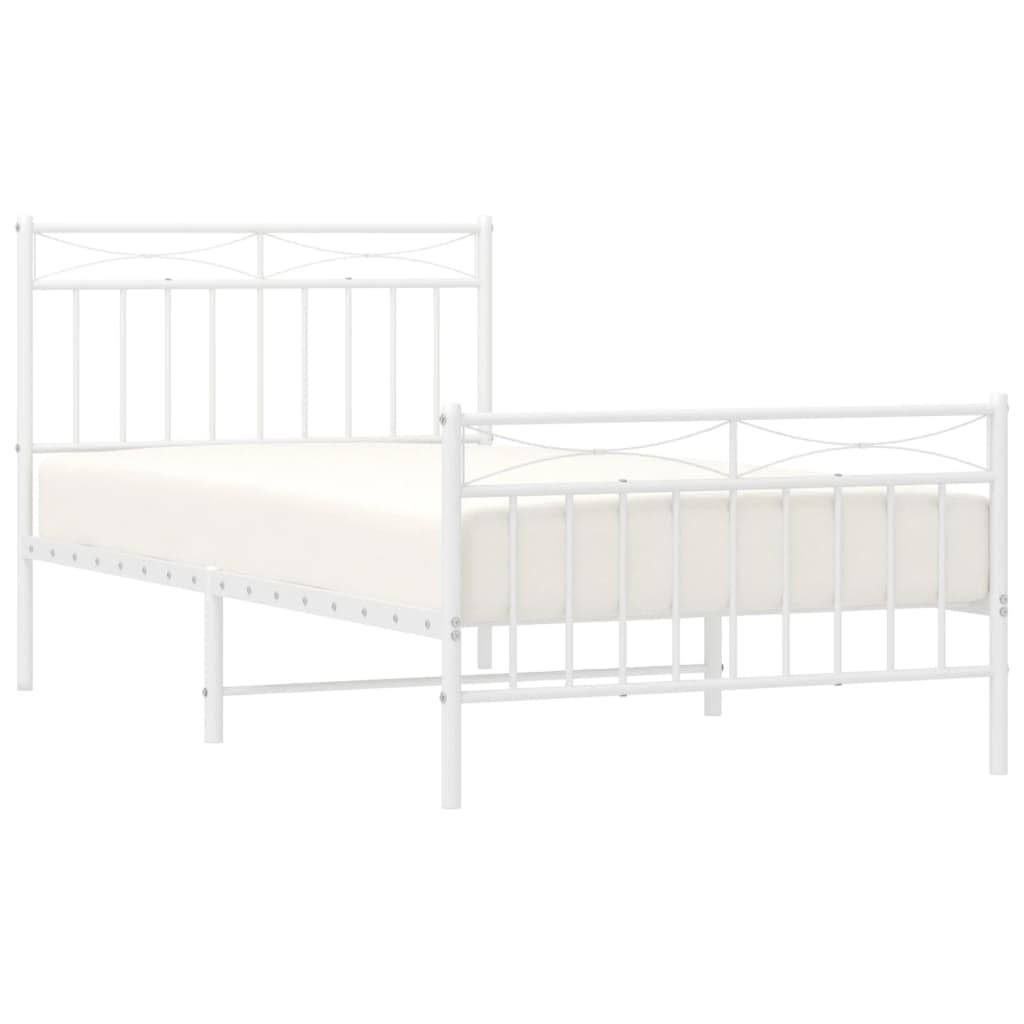 vidaXL Sturdy Metal Bed Frame with Headboard, Footboard, and Under-Bed Storage - White - 39.4&quot;x74.8&quot; Size