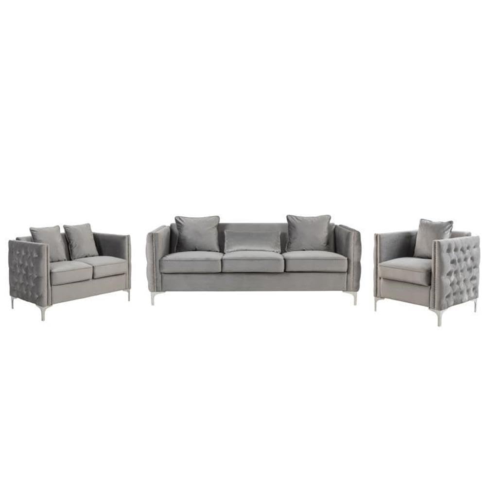 Lilola Home Bayberry Gray Velvet Sofa Loveseat Chair Living Room Set