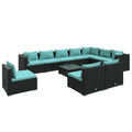 vidaXL 11-Piece Patio Lounge Set with Water-Resistant Cushions - Poly Rattan/Steel-Frame Outdoor Furniture Set - Black with Water-Blue Cushions