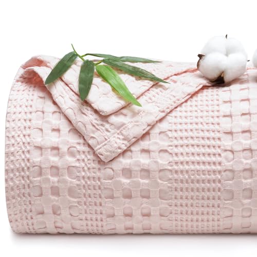 Phf Cooling Waffle Blanket Queen Size, Lightweight 60% Rayon Derived From Bamboo & 40% Cotton Breathable Blanket For Hot Sleepers, Soft And Luxury For Bed Couch And Sofa, 90'X90', Pink