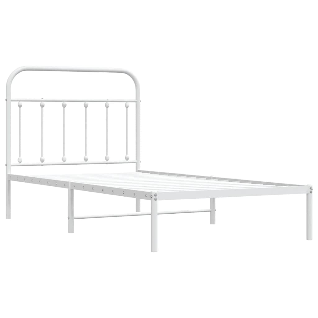 vidaXL 12 Inch Twin Metal Bed Frame with Headboard, No Box Spring Needed, Noise Free Platform Bed Frame with Steel Slats, Easy Assembly, Under Bed Storage, Minimalist, White