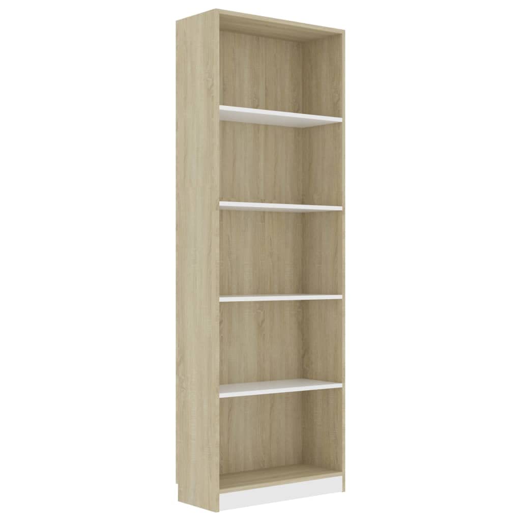 vidaXL Modern 5-Tier Book Cabinet in White and Sonoma Oak - Durable Engineered Wood - Spacious Shelves for Book Storage and Display - Minimalist Design - Easy Assembly