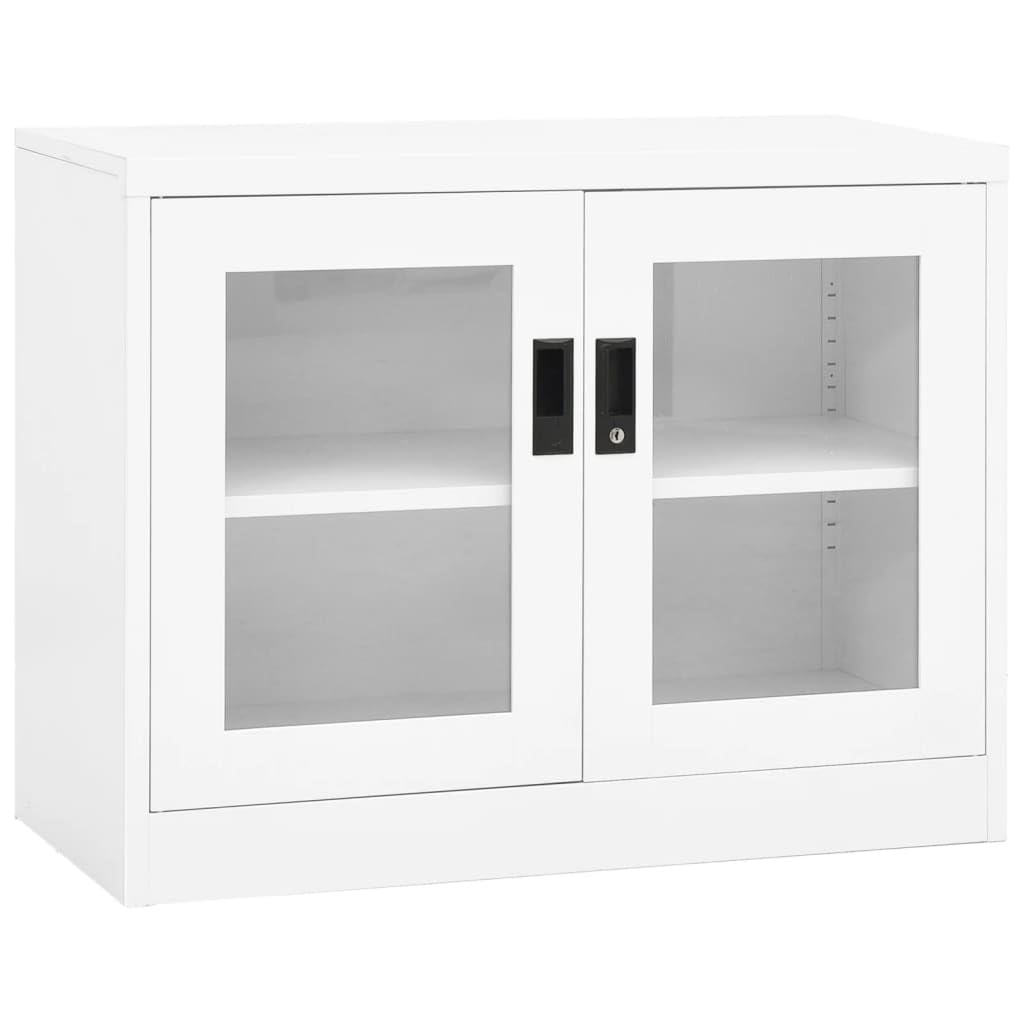 vidaXL White Office Cabinet - Scandinavian Style Steel Filing Cabinet with Tempered Glass Doors, Adjustable Shelves, and Lock for Secure File Storage - 35.4&quot;x15.7&quot;x27.6&quot;