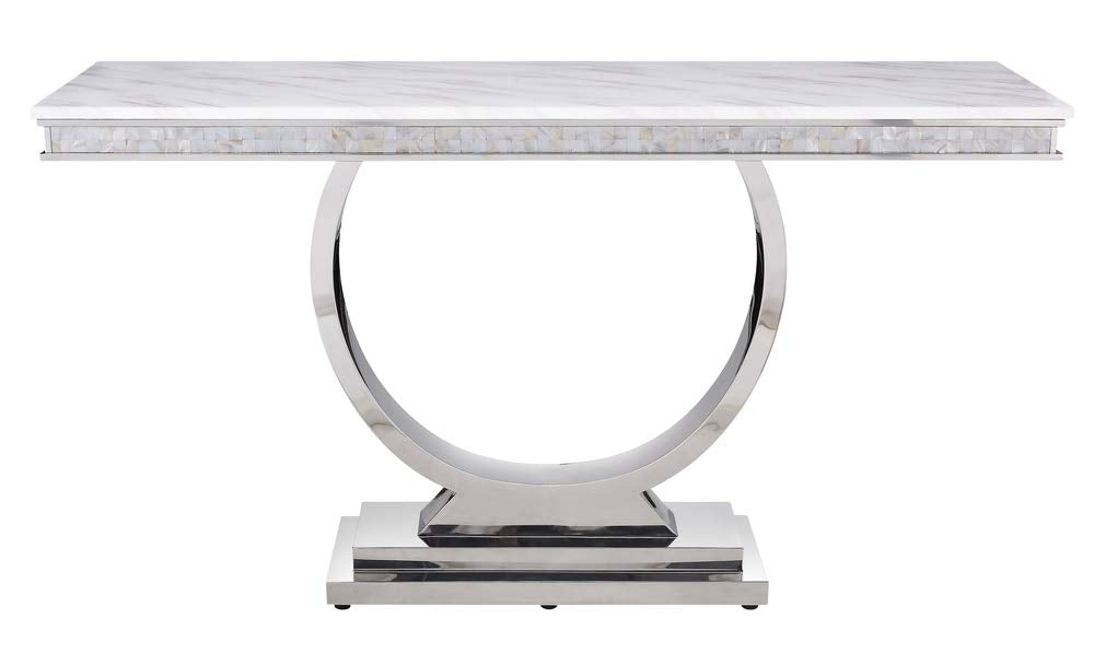 Acme Zander Sofa Table in White Printed Faux Marble and Mirrored Silver Finish