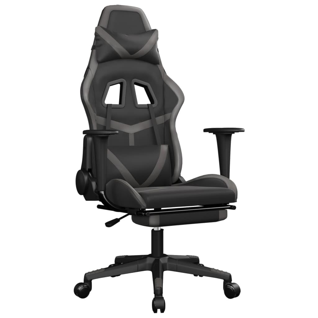 vidaXL Faux Leather Gaming Chair with Footrest, Black and Gray, Adjustable Backrest and Seating, Perfect for Intense Gaming Sessions, Lightweight and Convenient