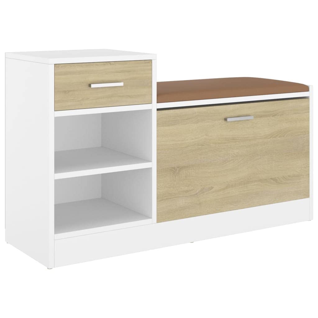 vidaXL Shoe Storage Bench Modern Design, Faux Leather Seating, White and Sonoma Oak, Engineered Wood, Ample Storage Space, Assembly Required, 37.2&quot;x12.2&quot;x22.4&quot; Dimensions