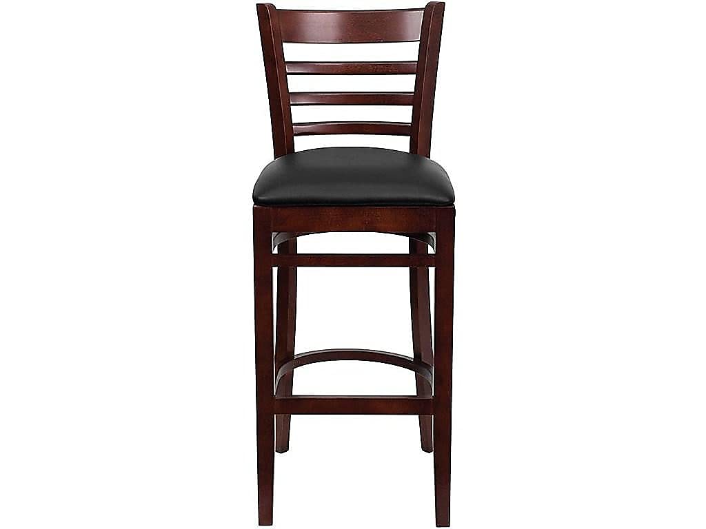 2 Pk. Mahogany Finished Ladder Back Wooden Barstool - Black Vinyl Seat