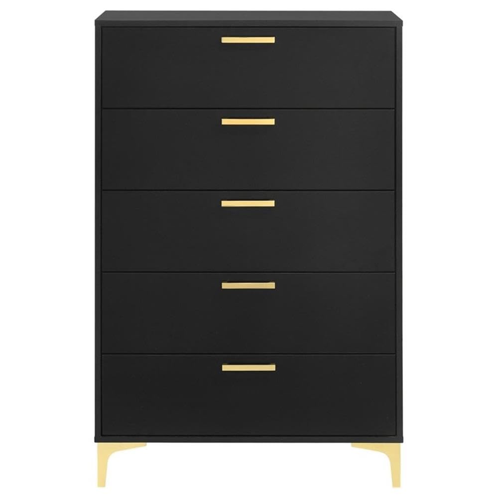 Coaster Home Furnishings Kendall 5-Drawer Contemporary Chest of Drawers Bedroom Clothing Storage Cabinet Engineered Wood Eco-Friendly Laminate with Gold Metal Legs and Handles Black 224455