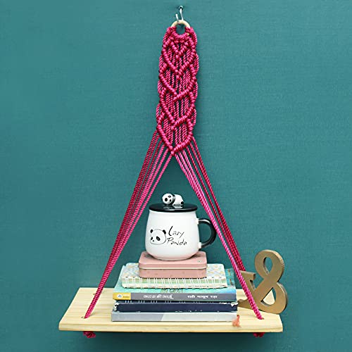 Vah Pink Colour Macrame Indoor Wall Hanging Shelf Chic Decor Wood Floating Boho Shelves Bohemian Decor For Apartment Dorm Bedroo