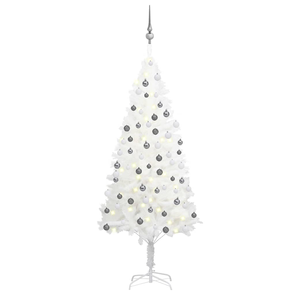 vidaXL Artificial Christmas Tree with LED Lights and White Ball Decoration Set - 59.1 Inches White Christmas Tree with Stand - Decorated Festive Xmas Tree