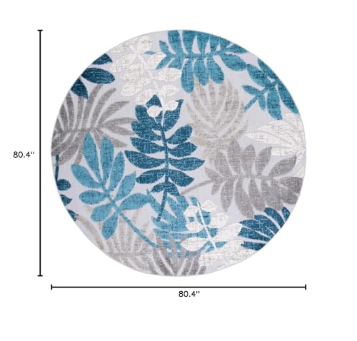 Safavieh Cabana Collection 6'7' Round Grey/Blue Cbn814F Botanical Indoor/ Outdoor Non-Shedding Easy Cleaning Patio Backyard Porch Deck Mudroom Area Rug