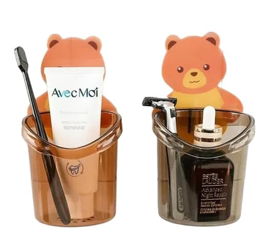 Toothbrush Holder (Set of 2 Pcs) Plastic Stand for Toothpaste, Comb, Brush, Cream, Lotion Kids Bathroom Cup Drain Waterproof Sel