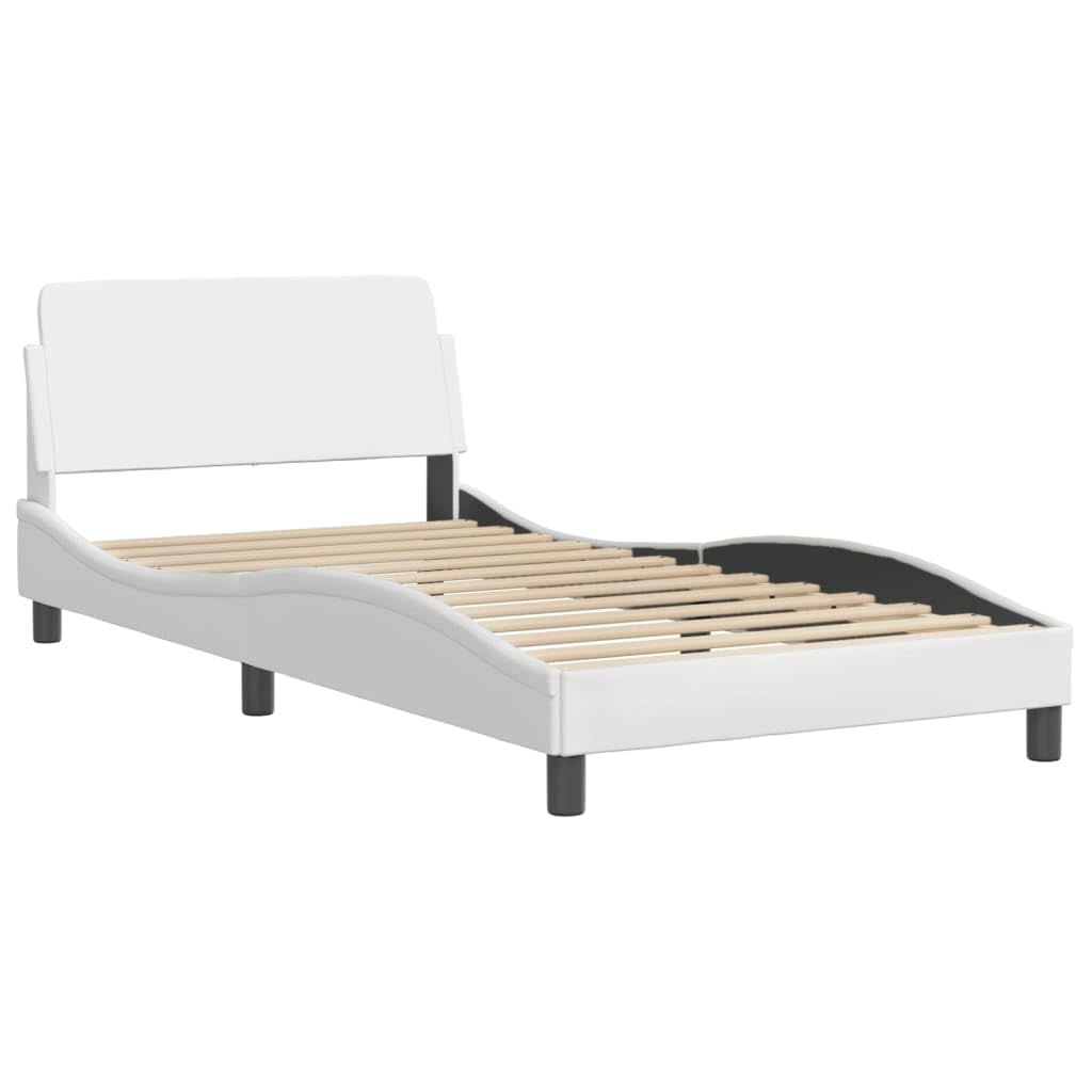 vidaXL Elegant White Faux Leather Bed Frame with Waved Design and Headboard - 39.4"x74.8" - Durable & Stain-Resistant Material, Supportive Plywood Slats, Easy Assembly for Bedroom Comfort