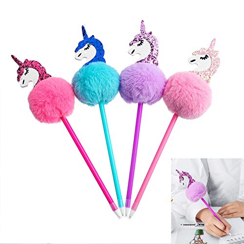 Abhay 4 Pack Unicorns Pom Pom Pen Novelty Pen Colorful Fluffy Ball Pen For Unicorns Party Supplies