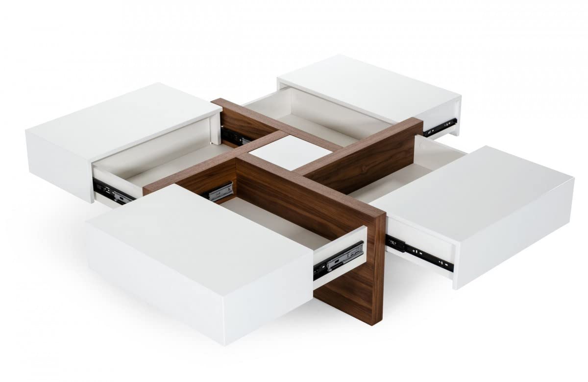 HomeRoots White, Walnut Veneer, MDF, Metal Modern White and Walnut Square Coffee Table with Storage