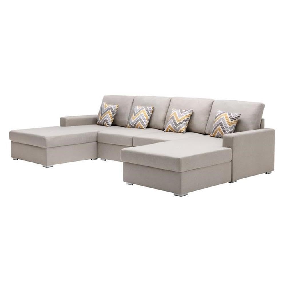 Lilola Home Nolan Beige Linen Fabric 4Pc Double Chaise Sectional Sofa with Pillows and Interchangeable Legs