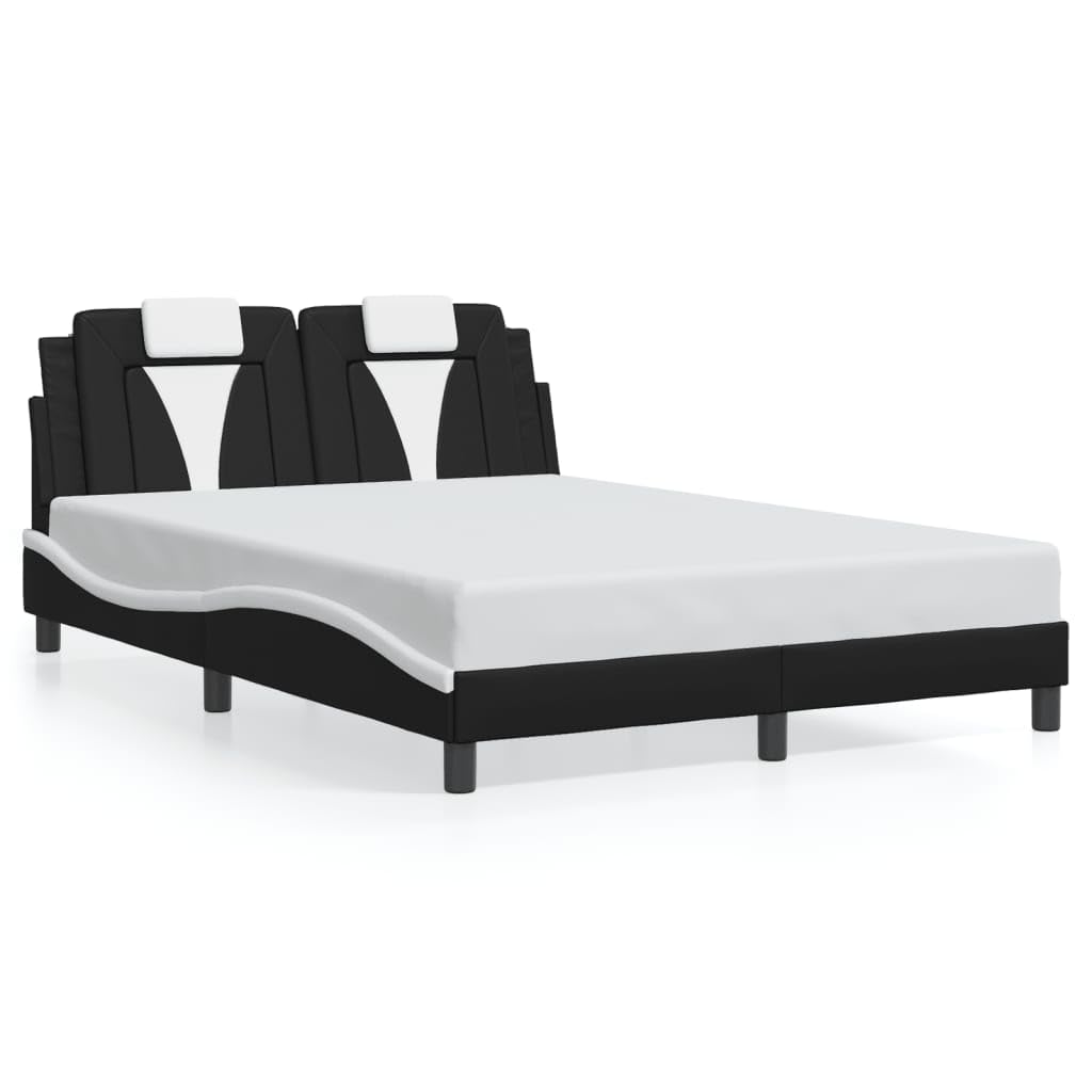 vidaXL Full Faux Leather Bed Frame with LED Lights - Black/White, Modern Waved Design, Supportive Plywood Slats and Headboard Cushion