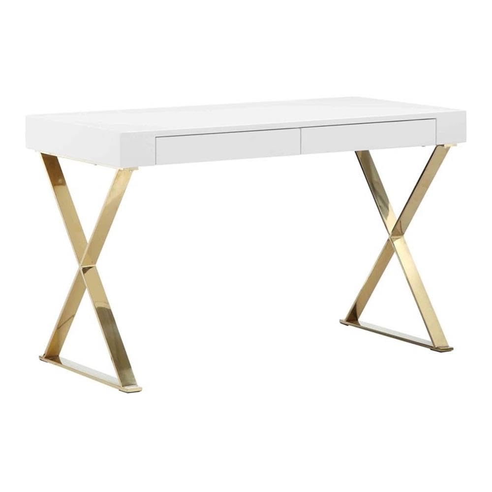 Pangea Home Alexa Gloss Lacquer & High Polished Steel Metal Desk In White/Gold