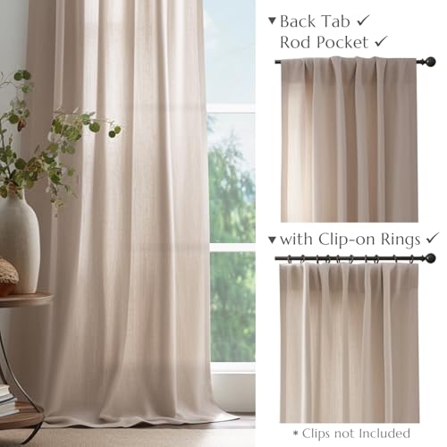 Jinchan Linen Blend Curtains For Living Room 120 Inch Length Extra Long Taupe Curtains Rustic Farmhouse Curtains Back Tab Semi Sheer Light Filtering Drapes Bedroom Window Curtain Set 2 Panels