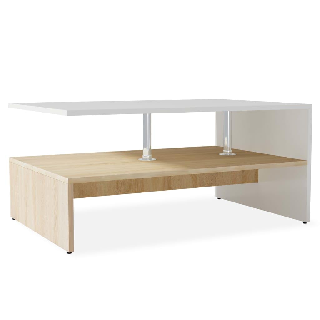 vidaXL Modern Two-Tier Coffee Table with Storage in Oak and White - Stylish Engineered Wood Furniture Piece with Steel Supports