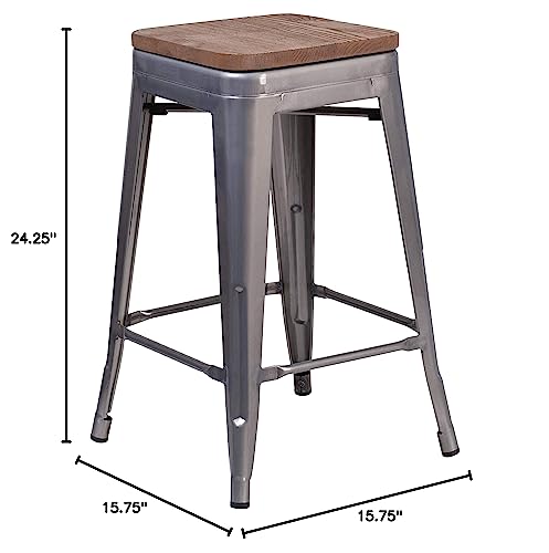 Flash Furniture Lincoln 24' High Backless Clear Coated Metal Counter Height Stool With Square Wood Seat