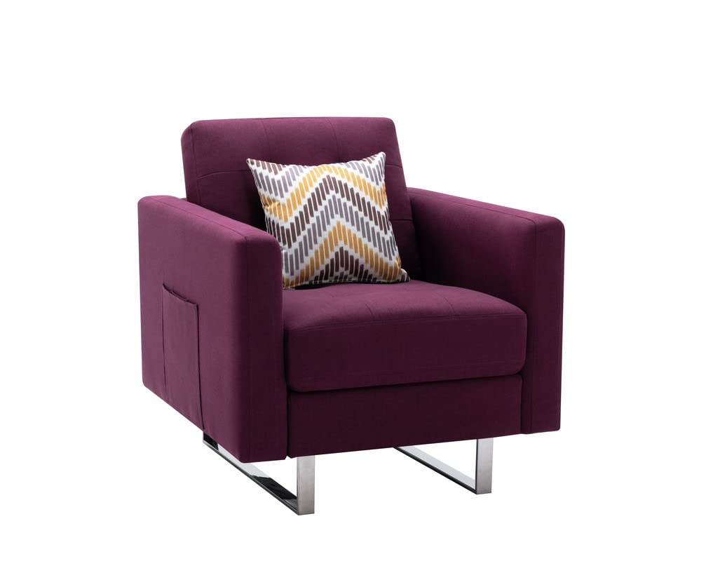 Lilola Home Victoria Purple Linen Fabric Armchair with Metal Legs, Side Pockets, and Pillow