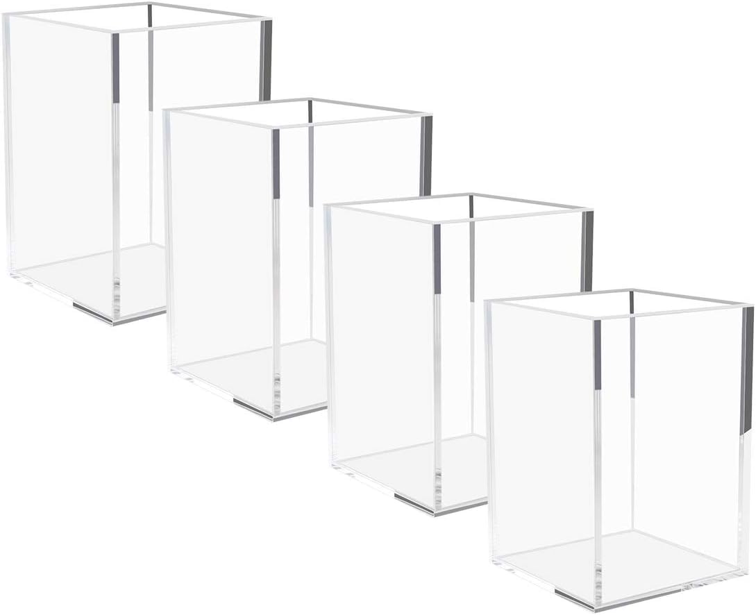 Niubee Acrylic Pen Holder 4 Pack,Clear Desktop Pencil Cup Stationery Organizer For Office Desk Accessory