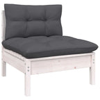 vidaXL Solid Pinewood Patio Middle Sofa - Modular Outdoor Lounge Furniture with Cushions - White and Anthracite
