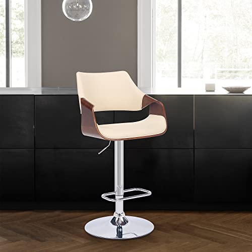 HomeRoots Wood, Metal, Foam Faux Leather Cream Faux Leather and Walnut Wood and Chrome Swivel Adjustable Bar Stool