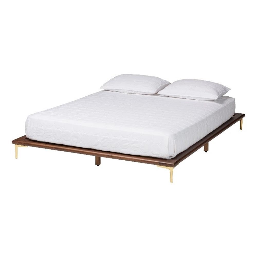 Baxton Studio Channary Mid-Century Modern Transitional Walnut Brown Finished Wood and Gold Metal King Size Bed Frame