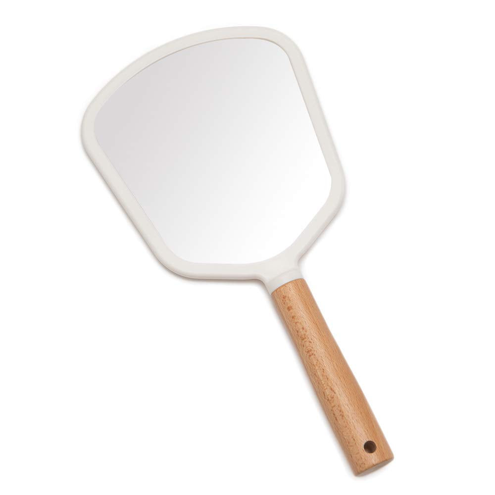YEAKE Hand Held Mirror with Handle for Makeup,Small Cute Wood Hand Mirror for Shaving with Hole Hanging Single-Sided Portable Tr