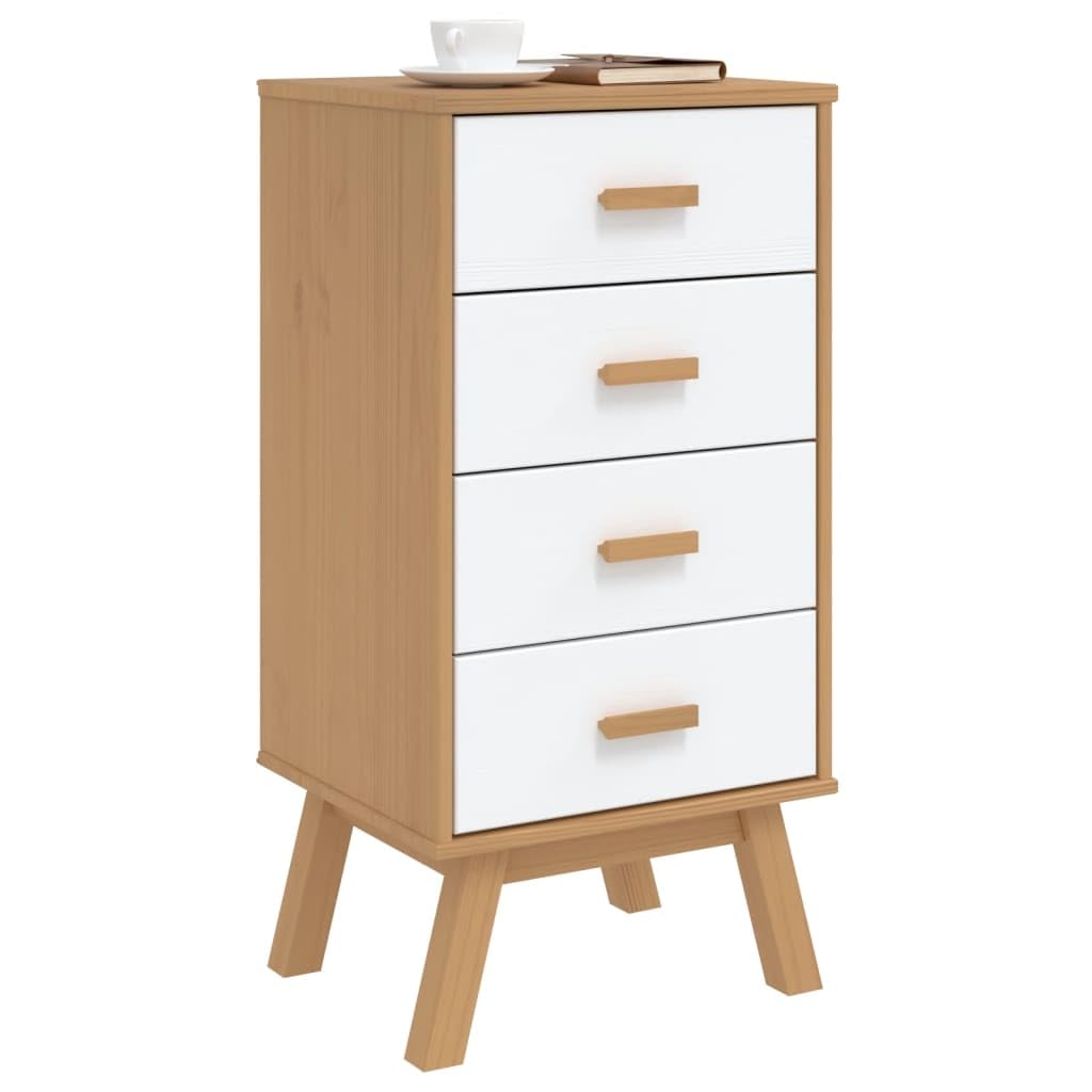 vidaXL Olden Bedside Cabinet in White/Brown - Solid Pine Wood Nightstand with 4 Drawers, Scandinavian Charm, Wax Finish, Ample Storage, Wooden Feet, Home Bedroom Furniture