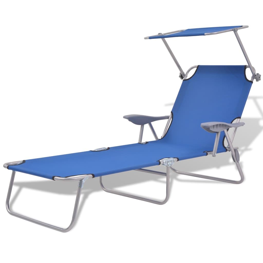 vidaXL Patio Lounge Chair, Folding Sunlounger with Adjustable Backrest, Sunbed with Canopy, Pool Lounge Chair for Outdoor Porch, Blue Steel