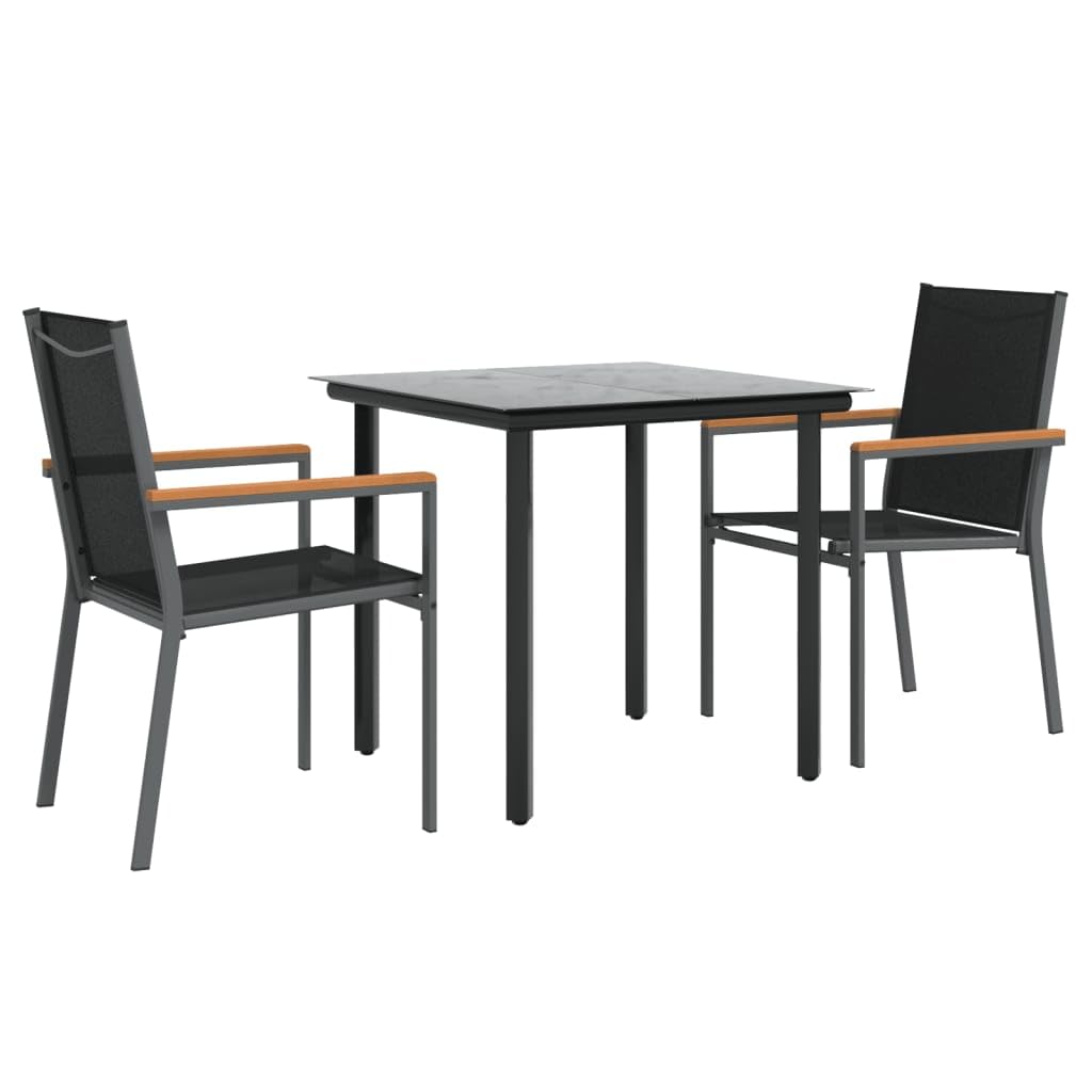 Vidaxl Patio Dining Set 3-Piece - Black Textilene Fabric & Steel - 31.5" Square Tempered Glass Tabletop - Outdoor Furniture For Garden, Patio, Deck