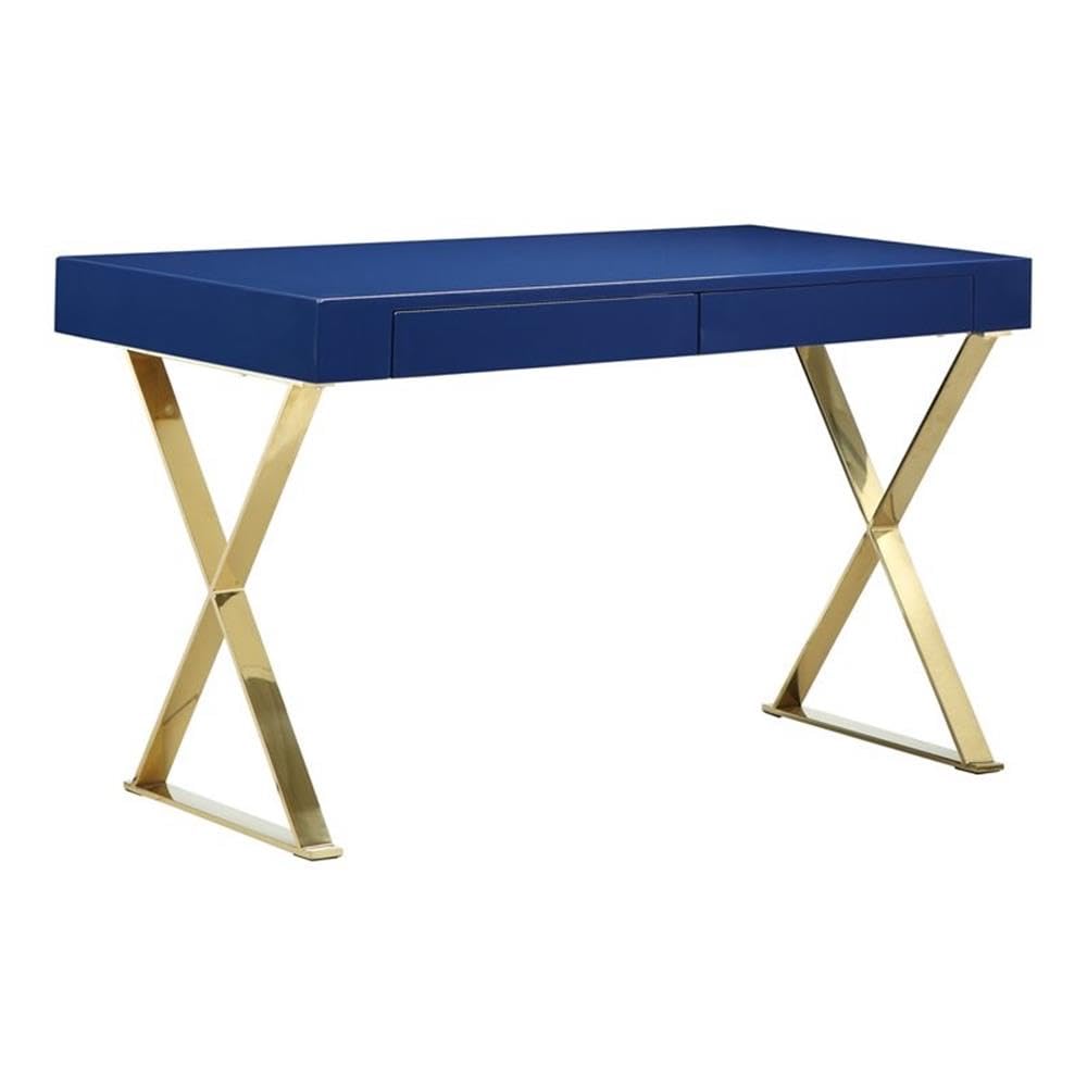 Pangea Home Alexa Gloss Lacquer & High Polished Steel Metal Desk In Navy/Gold