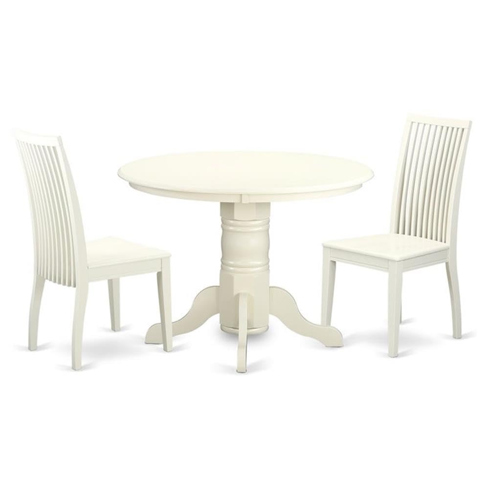 East West Furniture SHIP3-LWH-W 3 Piece Dinette Set for Small Spaces Contains a Round Kitchen Table with Pedestal and 2 Dining Chairs, 42x42 Inch, Linen White