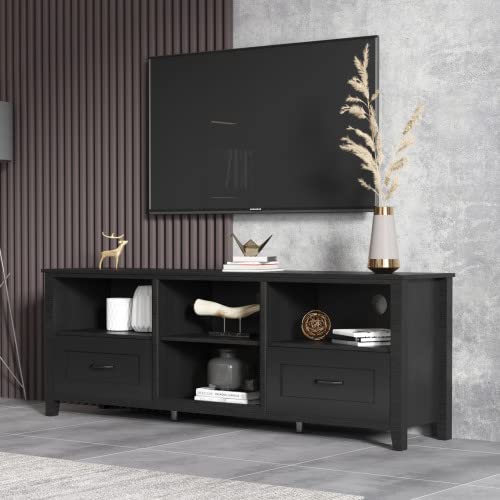 HomeRoots Particle Board 70' Black Open Shelving TV Stand with Bookcase and Two Drawers