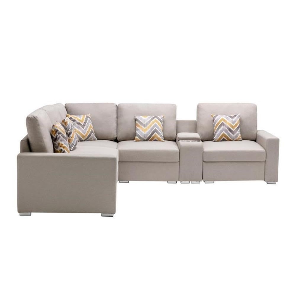 Lilola Home Nolan Beige Linen Fabric 6Pc Reversible Sectional Sofa with a USB, Charging Ports, Cupholders, Storage Console Table and Pillows and Interchangeable Legs